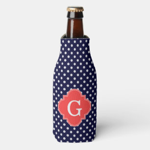 Navy White Polka Dot Coral Quatrefoil Monogram Bottle Cooler