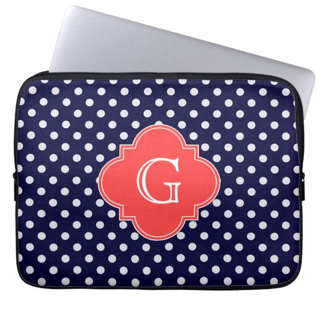 Navy White Polka Dot Coral Quatrefoil Monogram Laptop Sleeve (Front)