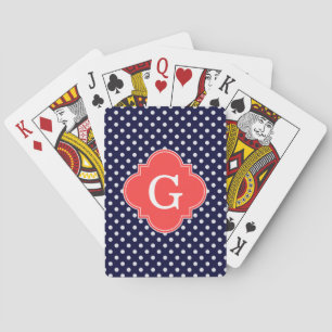 Navy White Polka Dot Coral Quatrefoil Monogram Playing Cards
