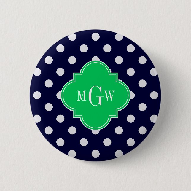 Navy White Polka Dot Emerald Quatrefoil 3 Monogram 6 Cm Round Badge (Front)