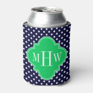 Navy White Polka Dot Emerald Quatrefoil 3 Monogram Can Cooler