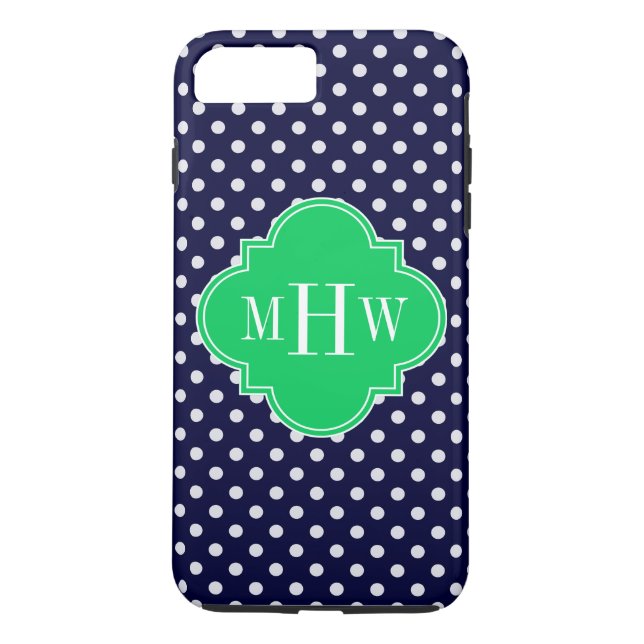 Navy White Polka Dot Emerald Quatrefoil 3 Monogram Case-Mate iPhone Case (Back)