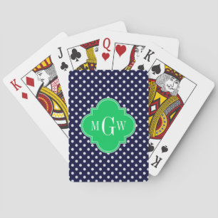 Navy White Polka Dot Emerald Quatrefoil 3 Monogram Playing Cards