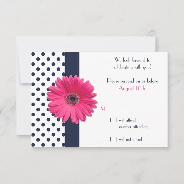 Navy White Polka Dot Pink Daisy Wedding RSVP Card (Front)