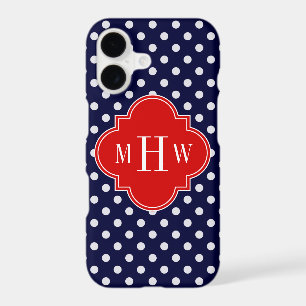 Navy White Polka Dot Red Quatrefoil 3 Monogram