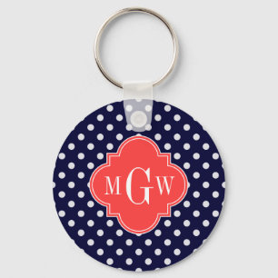 Navy White Polka Dots Coral Quatrefoil 3 Monogram Key Ring