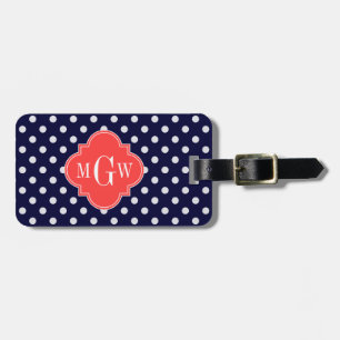 Navy White Polka Dots Coral Quatrefoil 3 Monogram Luggage Tag