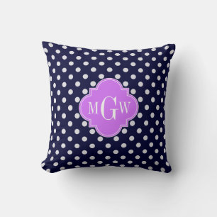 Navy White Polka Dots Lilac Quatrefoil 3 Monogram Cushion
