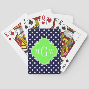 Navy White Polka Dots Lime Quatrefoil 3 Monogram Playing Cards