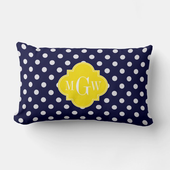 Navy White Polka Dots Yellow Quatrefoil 3 Monogram Lumbar Cushion (Front)