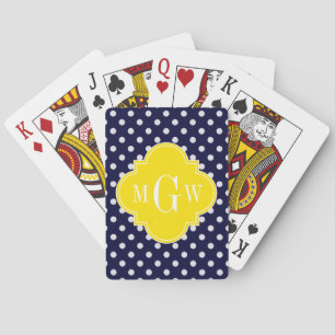 Navy White Polka Dots Yellow Quatrefoil 3 Monogram Playing Cards