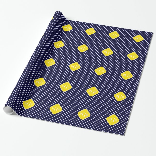 Navy White Polka Dots Yellow Quatrefoil 3 Monogram Wrapping Paper (Unrolled)