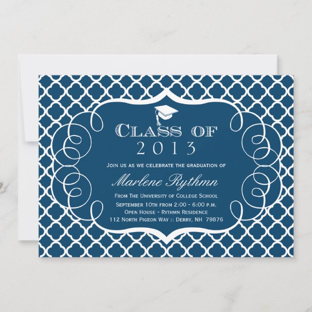 Navy + white quatrefoil graduation announcement (Front)