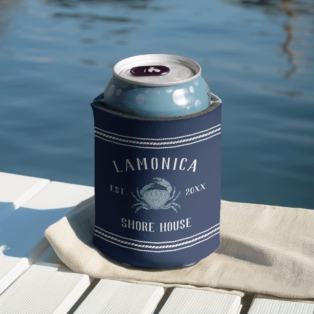 Navy & White Rustic Crab Personalised Shore House Can Cooler (Creator Uploaded)