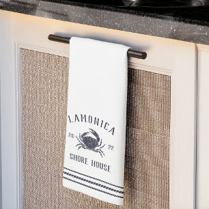 Navy & White Rustic Crab Personalised Shore House Tea Towel