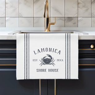 Navy & White Rustic Crab Personalised Shore House Tea Towel