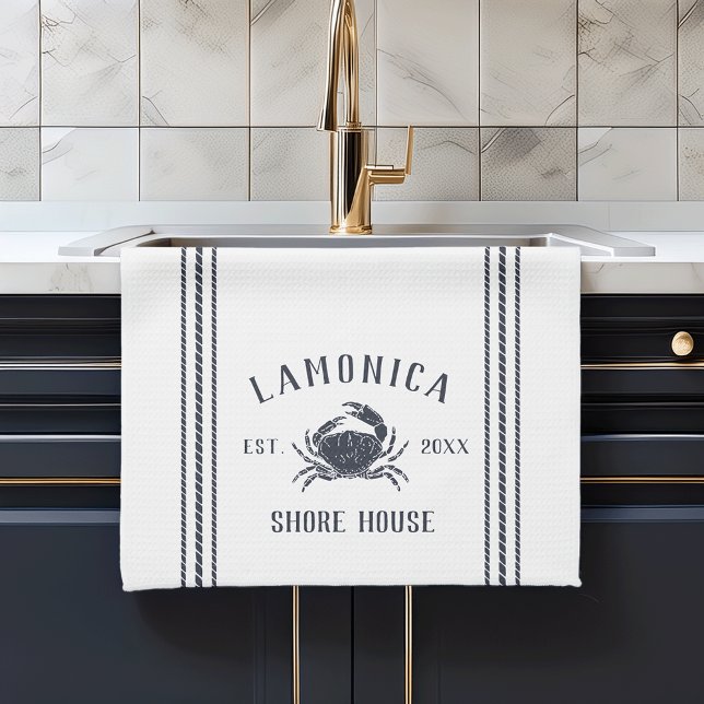 Navy & White Rustic Crab Personalised Shore House Tea Towel (Creator Uploaded)
