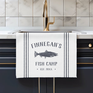 Navy & White Rustic Fish Camp Personalised Tea Towel