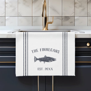 Navy & White Rustic Fish Personalised Tea Towel
