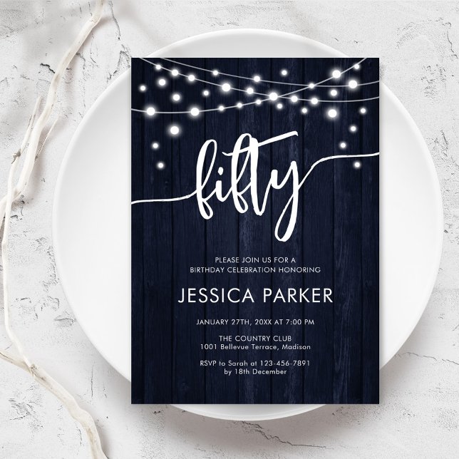 Navy White Rustic Wood 50th Birthday Party Invitation (Creator Uploaded)