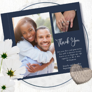 Navy White Script Photo Wedding Thank You Card