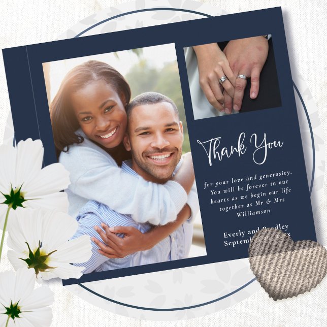 Navy White Script Photo Wedding Thank You Card (Creator Uploaded)