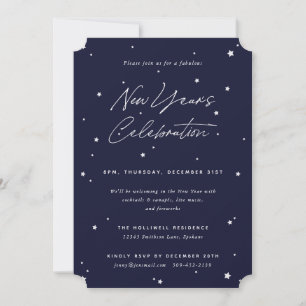 Navy+White Script Scattered Stars New Year' Party Invitation