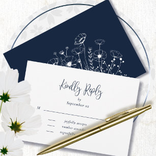 Navy White Script Typography Floral Wedding RSVP