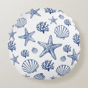 Navy White Sea Shell Pattern Coastal Design Round Cushion