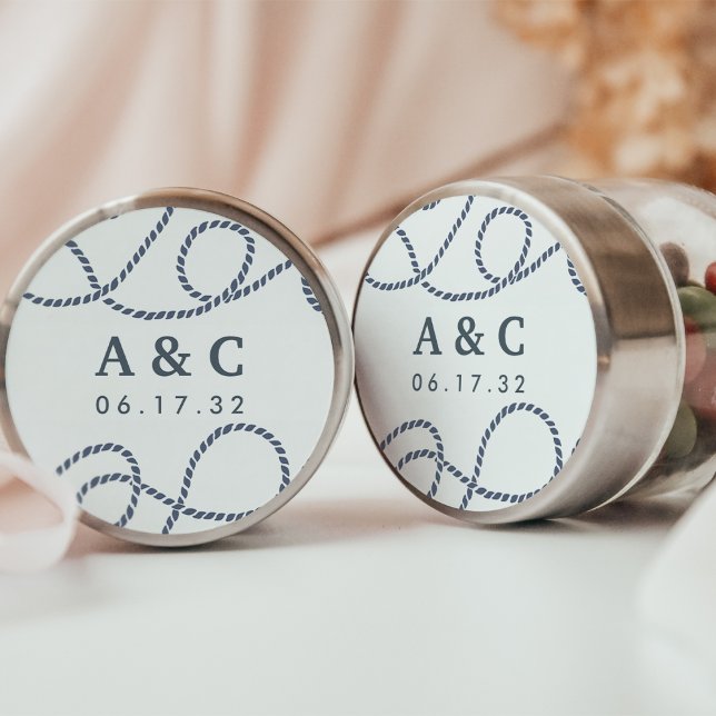 Navy & White | Seaworthy Wedding Monogram Classic Round Sticker (Creator Uploaded)