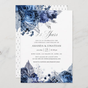 Navy & White Silver Foil 25th Wedding Anniversary Invitation