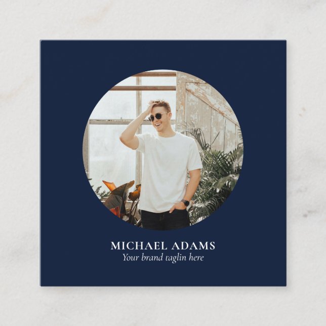 Navy & White Simple Modern Photo Social Media Square Business Card (Front)