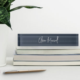 Navy & White Sketched Cursive Script Nameplate