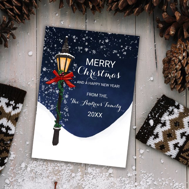 Navy White Snowy Lamppost Garland Bow Christmas Holiday Card (Creator Uploaded)