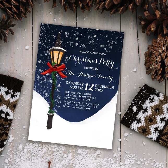 Navy White Snowy Lamppost Garland Bow Christmas Invitation (Creator Uploaded)