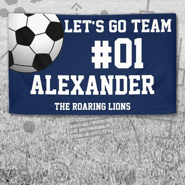 Navy White Soccer Team Spirit Banner (Navy and White Soccer Let's Go Team Banner. Celebrate your high school or college athlete.)