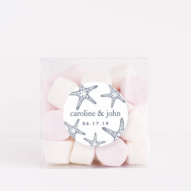 Navy & White Starfish Personalised Wedding Classic Round Sticker (Creator Uploaded)