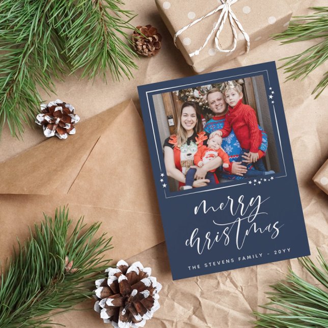 Navy & White Stars 2 Photos Merry Christmas Holida Holiday Card (Creator Uploaded)