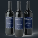 Navy & White String Lights Snow Merry Christmas Wine Label<br><div class="desc">Celebrate the season with this stylish custom Christmas wine label. This label design features "Merry Christmas" text and a festive snowflake and string lights background. You can personalise the text. More holiday stationery and party supplies are available at my shop BaraBomDesign.</div>