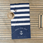 Navy & White Stripe Boat Name Beach Towel<br><div class="desc">Up your boat game with these personalised beach towels in nautical navy blue and white stripes. Personalise with your boat name and ship's registry (or captain's name) in white lettering with an anchor illustration.</div>