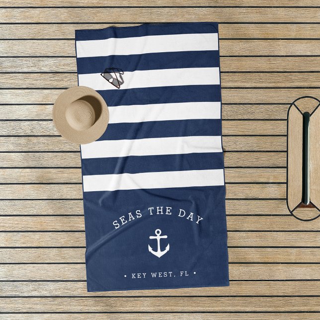 Navy & White Stripe Boat Name Beach Towel (Creator Uploaded)