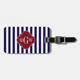 Navy White Stripe Burgundy Quatrefoil 3 Monogram Luggage Tag