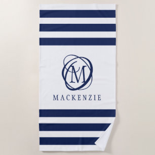Navy White Stripe Elegant Monogram Name Beach Towel
