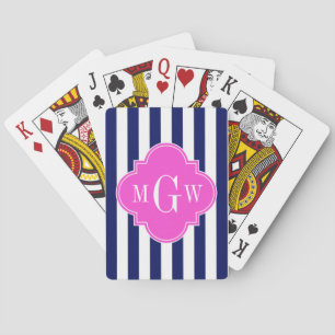 Navy White Stripe Hot Pink Quatrefoil 3 Monogram Playing Cards