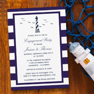 Navy & White Stripe Lighthouse Nautical Engagement Invitation