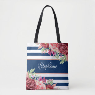 Navy White Stripe Modern Floral Personalised Tote Bag