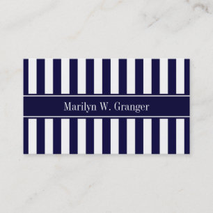 Navy White Stripe Navy Blue Ribbon Name Monogram Business Card