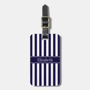 Navy White Stripe Navy Blue Ribbon Name Monogram Luggage Tag