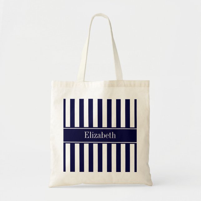 Navy White Stripe Navy Blue Ribbon Name Monogram Tote Bag (Front)