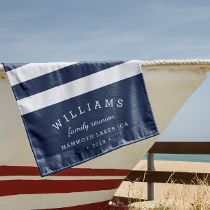 Navy & White Stripe Personalised Family Reunion Beach Towel